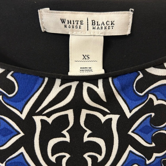 White House Black Market Graphic Black and Blue 3/4 Sleeve Dress - Picture 4 of 5